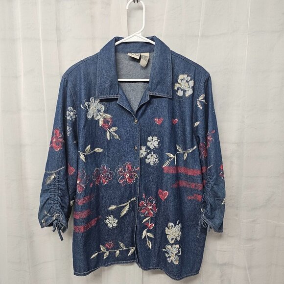Vintage Blue Chambray Blouse "Painted" Floral Studded Ruched Boho Artsy 22W - Picture 8 of 12